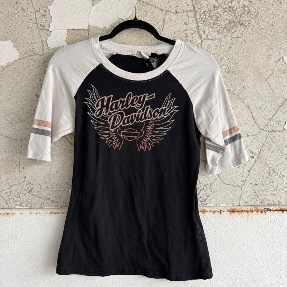 Vintage Harley Davidson Shirt Womens M Winged Logo 3/4 Sleeve Baseball Tee USA